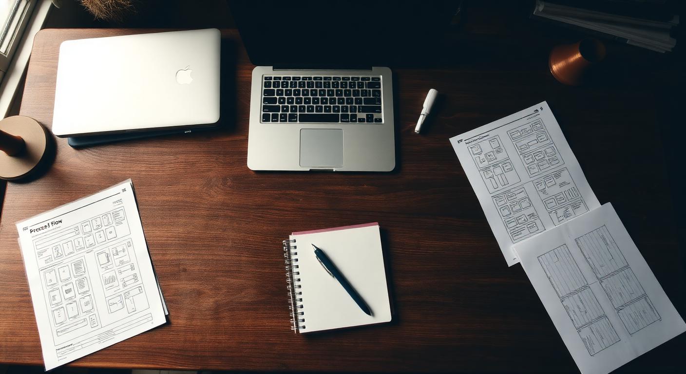 A design desk with printed process flows, wireframe sketches, and a laptop