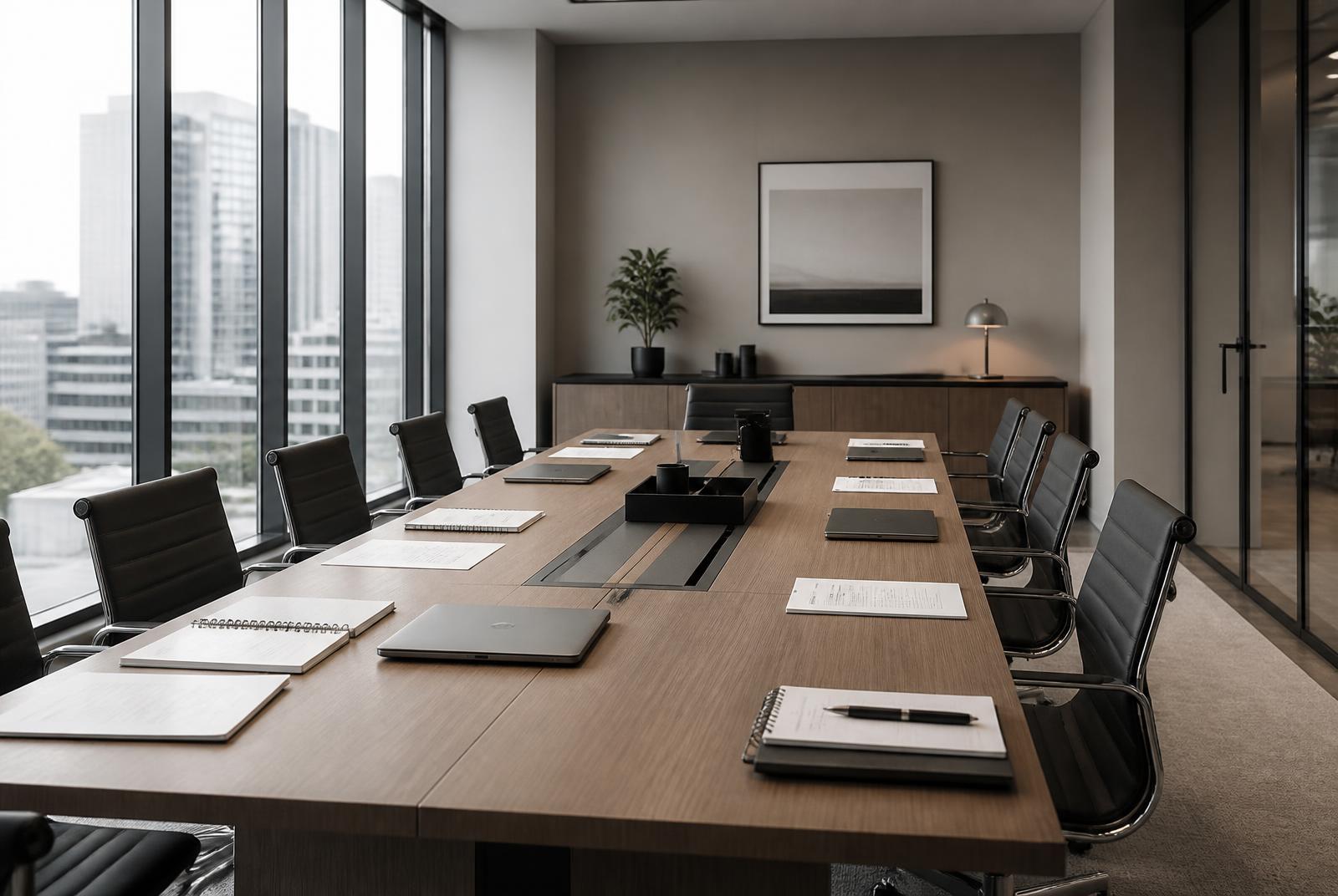 A quiet boardroom set with laptops and documents before a working session